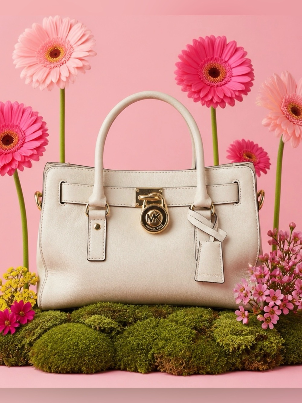Michael Kors Cream Leather Satchel with Gold-Tone MK Lock